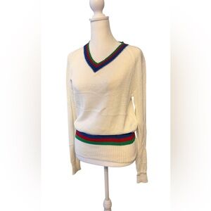 POL‎ Boutique Women's Cream V-Neck Collegiate Striped Sweater Size NEW